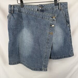 Women's Light Blue Denim Skirt L Asymmetrical Button Front‎ Pockets Casual Retro